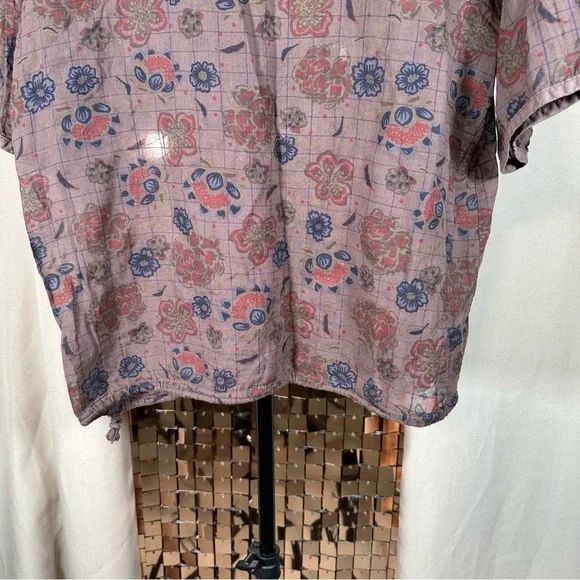 Vintage Purple, Maroon & Navy Checked Plaid & Floral Short Sleeve Sheer Blouse - Picture 9 of 9